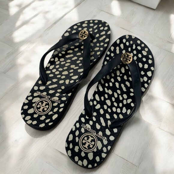 Tory Burch Thandie Wedge Platform Flip Flop Sandals Size L Black & White Spots - Picture 1 of 7